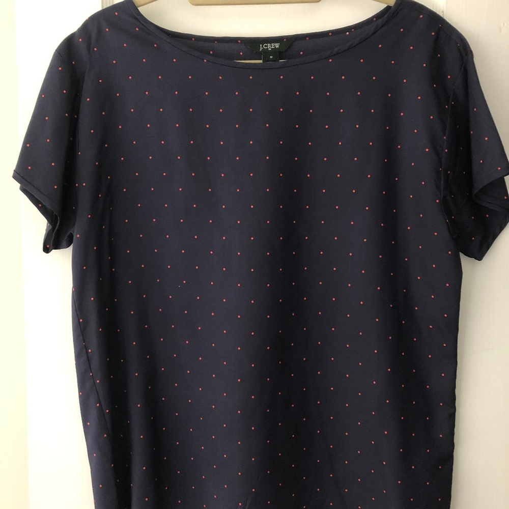 J. Crew Silk Blouse: Navy with Pink Polka Dots
